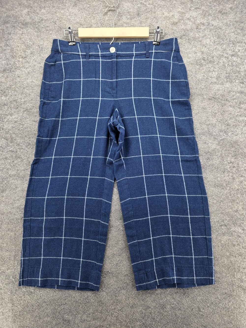 J Jill Pants Womens 8 Petite Blue White Windowpane Plaid Cropped Cotton Blend